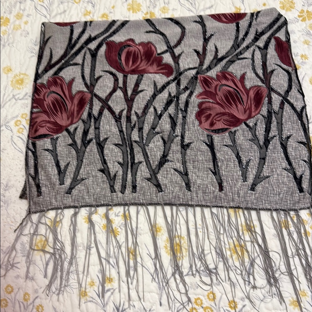 Floral Gray and Red Scarf